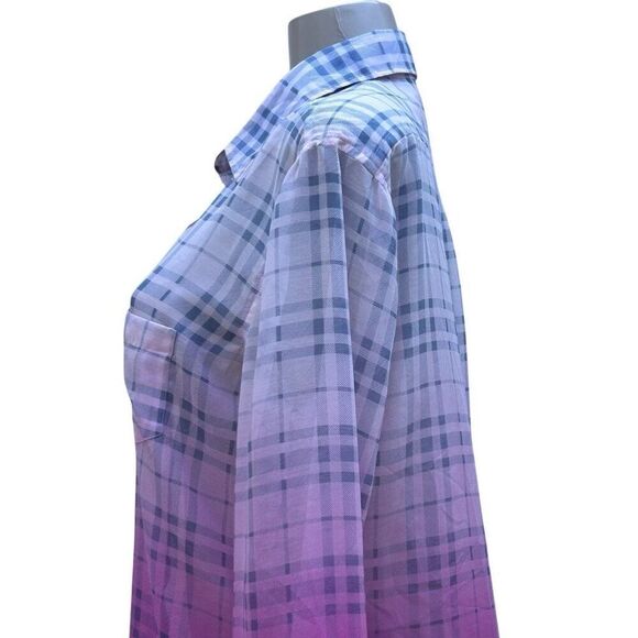 Two By Vince Camuto Shirt Blouse Womens S/M Pink Purple Plaid Ombre Button Front - Picture 9 of 13